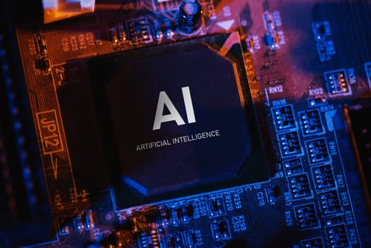 Artificial intelligence concept with computer chip. AI microprocessor closeup.