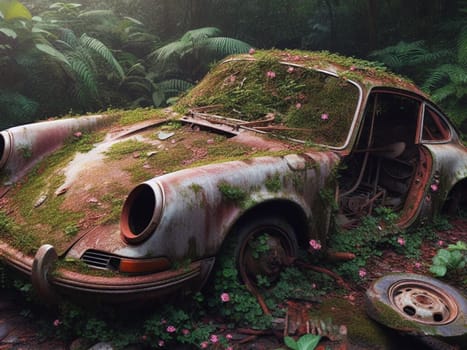 Abandoned rusty expensive atmospheric super car as circulation banned for co2 emission 2030 agenda , severe damage, broken parts, plants overgrowth bloom flowers. ai generated