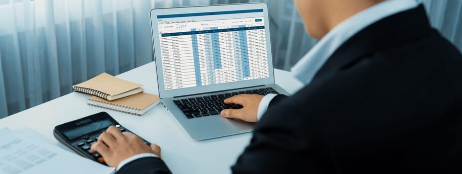 Corporate accountant use accounting software on laptop to calculate and maximize tax refunds and improve financial performance based on financial data. Modern business accounting in panorama. Shrewd