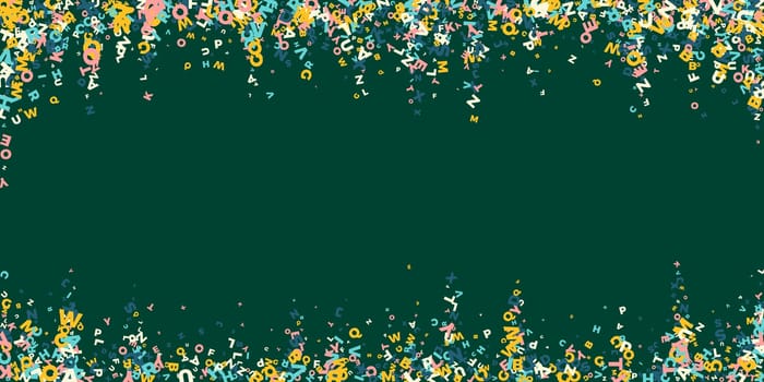 Falling letters of English language. Light flying words of Latin alphabet. Foreign languages study concept. Ravishing back to school banner on blackboard background.