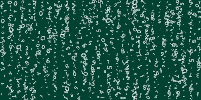 Falling childish chalk numbers. Math study concept with flying digits. Bizarre back to school mathematics banner on blackboard background. Falling numbers illustration.