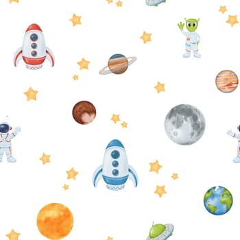 seamless watercolor pattern. starry sky. yellow stars, Earth a whimsical astronaut, an alien UFO, rocket, moon, and sun. for wallpapers, children's rooms textiles baby clothes, and textbooks.