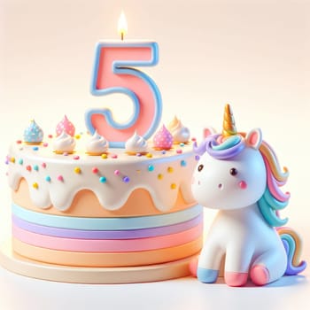 Cute baby unicorn with birthday cake. water colour, Generative AI.