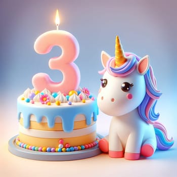 Cute baby unicorn with birthday cake. water colour, Generative AI.