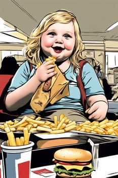 obese boy girl eating fast food , hamburger, french fries - unhealthy eating concept illustration generative ai art