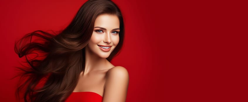 Portrait of a beautiful, sexy happy smiling woman with perfect skin and long hair, on a red background, banner. Advertising of cosmetic products, spa treatments, shampoos and hair care, dentistry and medicine, perfumes and cosmetology for women.