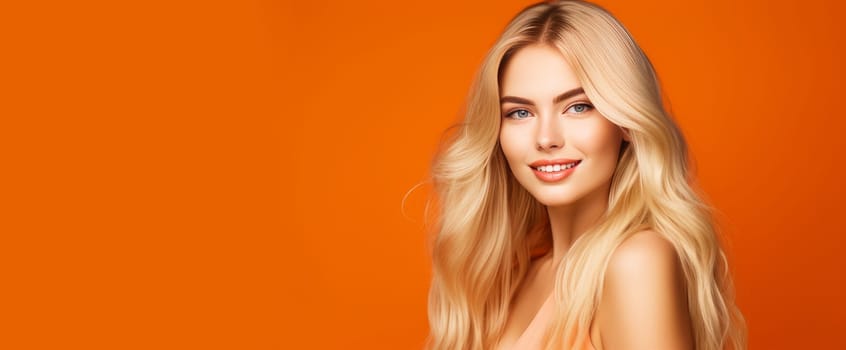 Portrait of a beautiful, sexy Caucasian woman with perfect skin and white long hair, on an orange background. Advertising of cosmetic products, spa treatments, shampoos and hair care, dentistry and medicine, perfumes and cosmetology for women.
