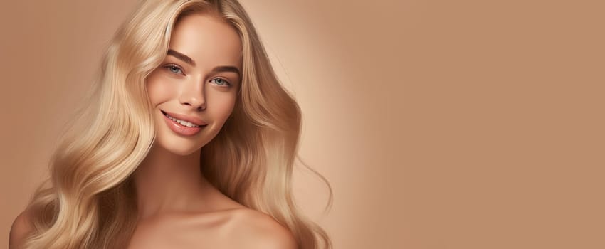 Portrait of a beautiful, sexy Caucasian woman with perfect skin and white long hair, on a creamy beige background. Advertising of cosmetic products, spa treatments, shampoos and hair care, dentistry and medicine, perfumes and cosmetology for women.