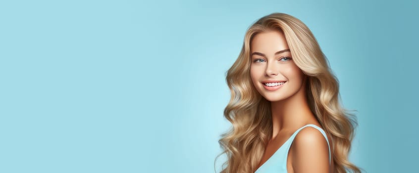 Portrait of a beautiful, sexy Caucasian woman with perfect skin and white long hair, on a light blue background. Advertising of cosmetic products, spa treatments, shampoos and hair care, dentistry and medicine, perfumes and cosmetology for women.