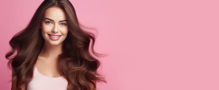 Portrait of a beautiful, sexy happy smiling woman with perfect skin and long hair, on a pink background, banner. Advertising of cosmetic products, spa treatments, shampoos and hair care, dentistry and medicine, perfumes and cosmetology for women.