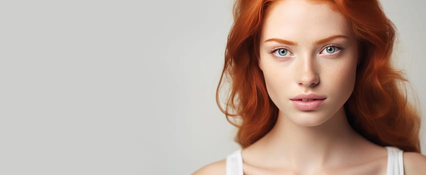 Portrait of an elegant, sexy happy Caucasian woman with perfect skin and red hair, on a white background, banner. Advertising of cosmetic products, spa treatments, shampoos and hair care, dentistry and medicine, perfumes and cosmetology for women.