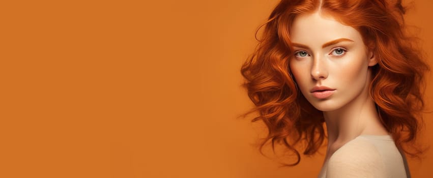 Portrait of an elegant, sexy happy Caucasian woman with perfect skin and red hair, on an orange background, banner. Advertising of cosmetic products, spa treatments, shampoos and hair care, dentistry and medicine, perfumes and cosmetology for women.
