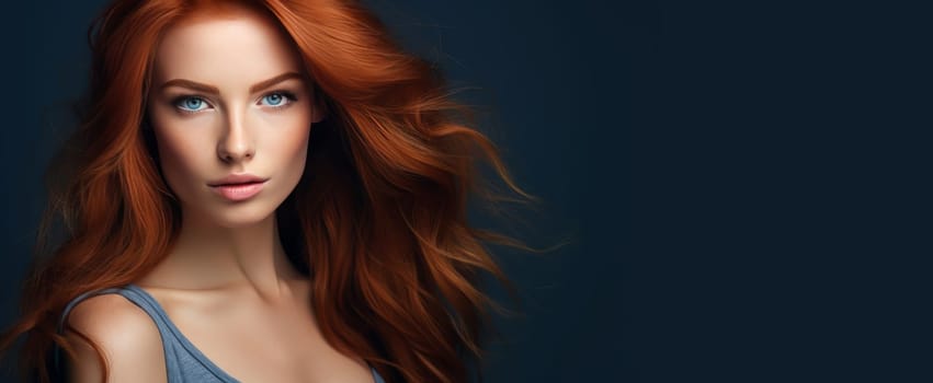 Portrait of an elegant, sexy happy Caucasian woman with perfect skin and red hair, on a dark blue background, banner. Advertising of cosmetic products, spa treatments, shampoos and hair care, dentistry and medicine, perfumes and cosmetology for women