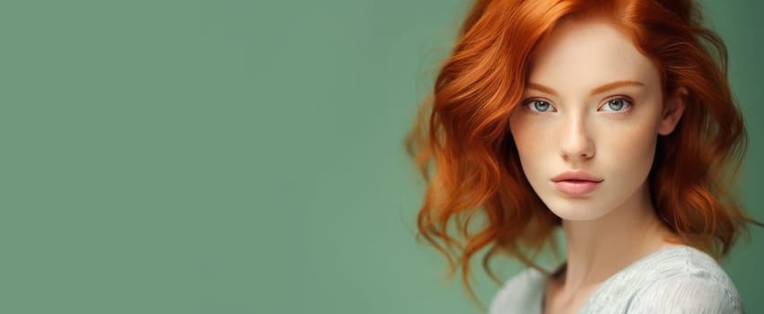 Portrait of an elegant, sexy happy Caucasian woman with perfect skin and red hair, on a light green background banner. Advertising of cosmetic products, spa treatments, shampoos and hair care dentistry and medicine, perfumes and cosmetology for women