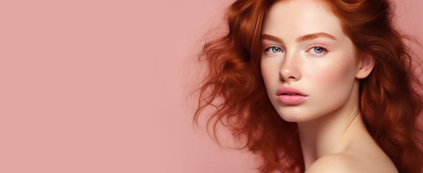 Portrait of an elegant, sexy happy Caucasian woman with perfect skin and red hair, on a pink background, banner. Advertising of cosmetic products, spa treatments, shampoos and hair care, dentistry and medicine, perfumes and cosmetology for women.