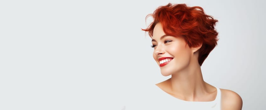 Portrait of an elegant, sexy smiling woman with perfect skin and short red hair, on a white background, banner. Advertising of cosmetic products, spa treatments, shampoos and hair care, dentistry and medicine, perfumes and cosmetology for women.