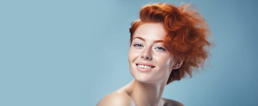 Portrait of an elegant, sexy smiling woman with perfect skin and short red hair, on a light blue background, banner. Advertising of cosmetic products, spa treatments, shampoos and hair care, dentistry and medicine, perfumes and cosmetology for women.