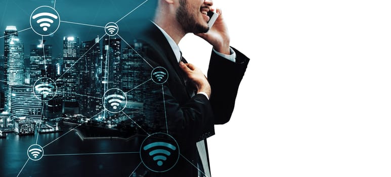 Double Exposure Image of Business Communication Network Technology Concept - Business people using smartphone or mobile phone device on modern cityscape background. uds