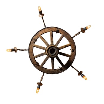 Decorative chandelier from a trolley wheel with chains and with concealed wiring. Rustic chandelier made from wood wagon wheel isolated on white. Bottom view.
