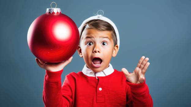 Surprised little boy in Santa Claus hat holding gift box. Christmas holidays. Boxing Day shopping. Holiday shopping.