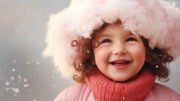 Cute little girl wearing red Santa hat and smiling. Christmas and New Year concept. Copy space