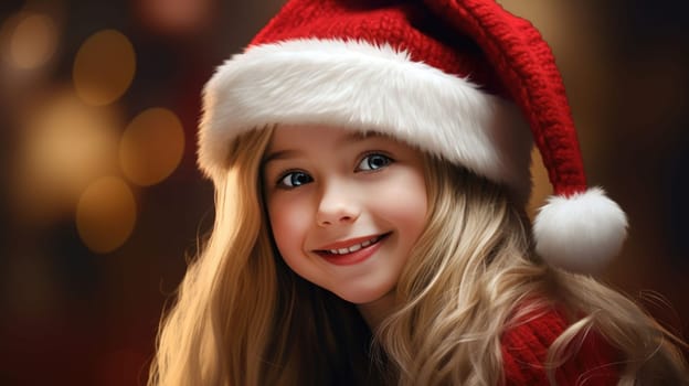 Cute little girl wearing red Santa hat and smiling. Christmas and New Year concept. Copy space