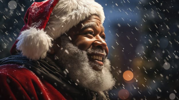 Happy African American Santa Claus on dark background. Christmas holidays