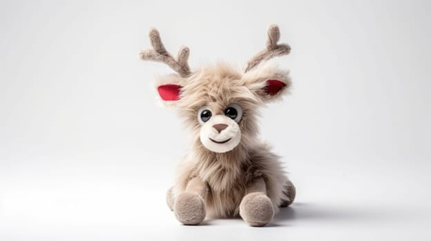 Cute fluffy vintage toy with a red bow on white background. Christmas gift for kids.