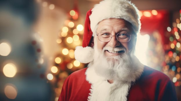Santa Claus standing in Christmas decorated room, looking at camera and smiling. Christmas spirit concept close up portrait.