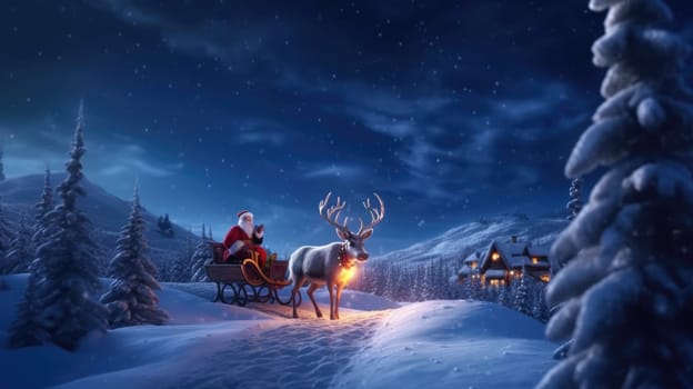 Santa Claus rides in a reindeer sleigh in a winter forest. Christmas holidays