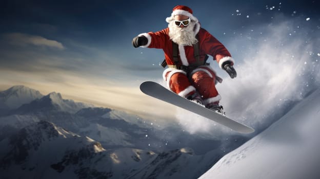 Santa Claus on snowboard in mountains. Santa Claus on vacation. Surfing Santa. Santa goes snowboarding