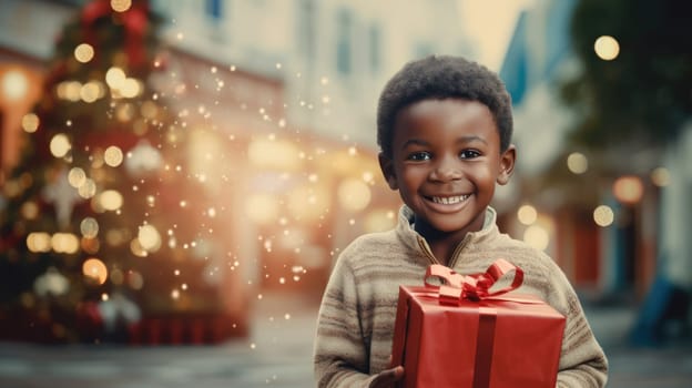 African kid with big giftbox is looking to the camera dusty street on background. Christmas support. Give and share kindness