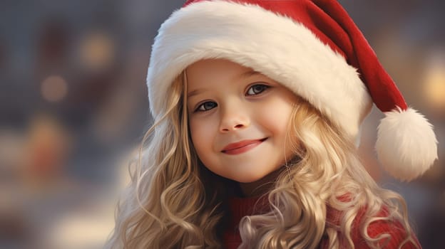 Cute little girl wearing red Santa hat and smiling. Christmas and New Year concept. Copy space