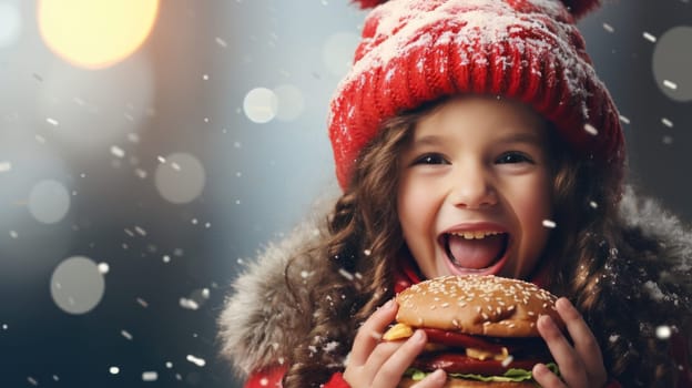 Cute little girl wearing red Santa hat and eating burger outside. Christmas and New Year concept. Copy space