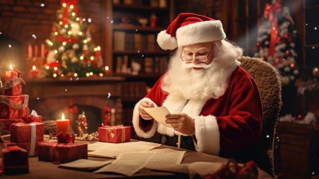 Happy old Santa Claus using laptop computer at home late on Christmas eve. Ecommerce website Boxing Day time holiday online shopping e commerce sale