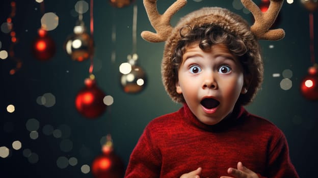 Surprised little boy wearing reindeer antlers holding gift box. Christmas holidays. Boxing Day shopping. Holiday shopping.