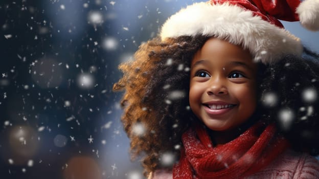 Happy African American kid is looking to the camera. Christmas holiday shopping. Give and share kindness