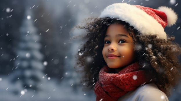 Happy African American kid is looking to the camera. Christmas holiday shopping. Give and share kindness