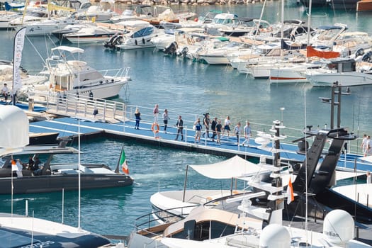 Monaco, Monte Carlo, 27 September 2022 - a lot of luxury yachts at the famous motorboat exhibition in the principality, the most expensive boats for the richest people around the world, yacht brokers. High quality photo