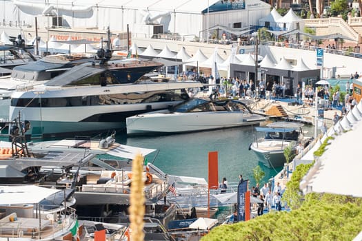 Monaco, Monte Carlo, 27 September 2022 - a lot of luxury yachts at the famous motorboat exhibition in the principality, the most expensive boats for the richest people around the world, yacht brokers. High quality photo