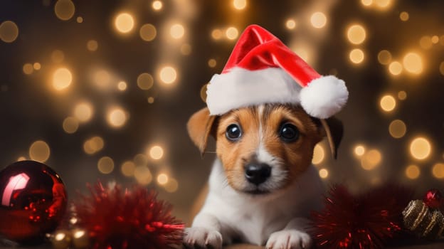Adorable dog wearing Santa hats at room decorated for Christmas comeliness
