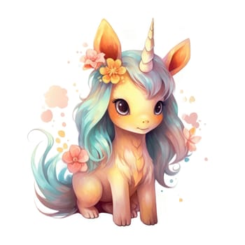 Watercolor small cute unicorn with flowers isolated on white background. Template for poster, t-shirt, sticker, toy, etc. Decorative element for design