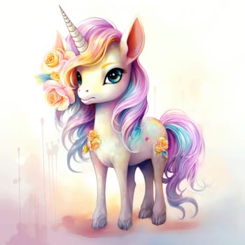 Watercolor small cute unicorn with flowers isolated on white background. Template for poster, t-shirt, sticker, toy, etc. Decorative element for design