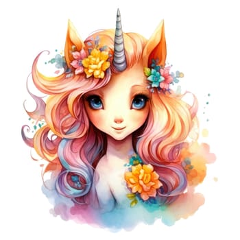 Watercolor small cute unicorn with flowers isolated on white background. Template for poster, t-shirt, sticker, toy, etc. Decorative element for design