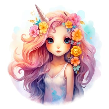 Watercolor small cute unicorn with flowers isolated on white background. Template for poster, t-shirt, sticker, toy, etc. Decorative element for design