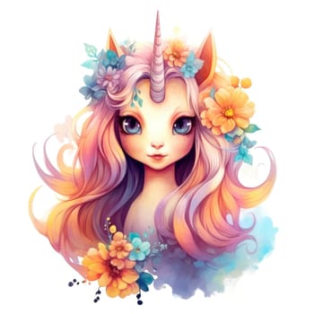 Watercolor small cute unicorn with flowers isolated on white background. Template for poster, t-shirt, sticker, toy, etc. Decorative element for design