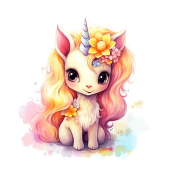 Watercolor small cute unicorn with flowers isolated on white background. Template for poster, t-shirt, sticker, toy, etc. Decorative element for design