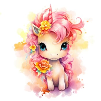 Watercolor small cute unicorn with flowers isolated on white background. Template for poster, t-shirt, sticker, toy, etc. Decorative element for design