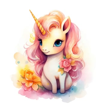 Watercolor small cute unicorn with flowers isolated on white background. Template for poster, t-shirt, sticker, toy, etc. Decorative element for design