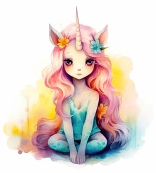 Watercolor small cute unicorn with flowers isolated on white background. Template for poster, t-shirt, sticker, toy, etc. Decorative element for design